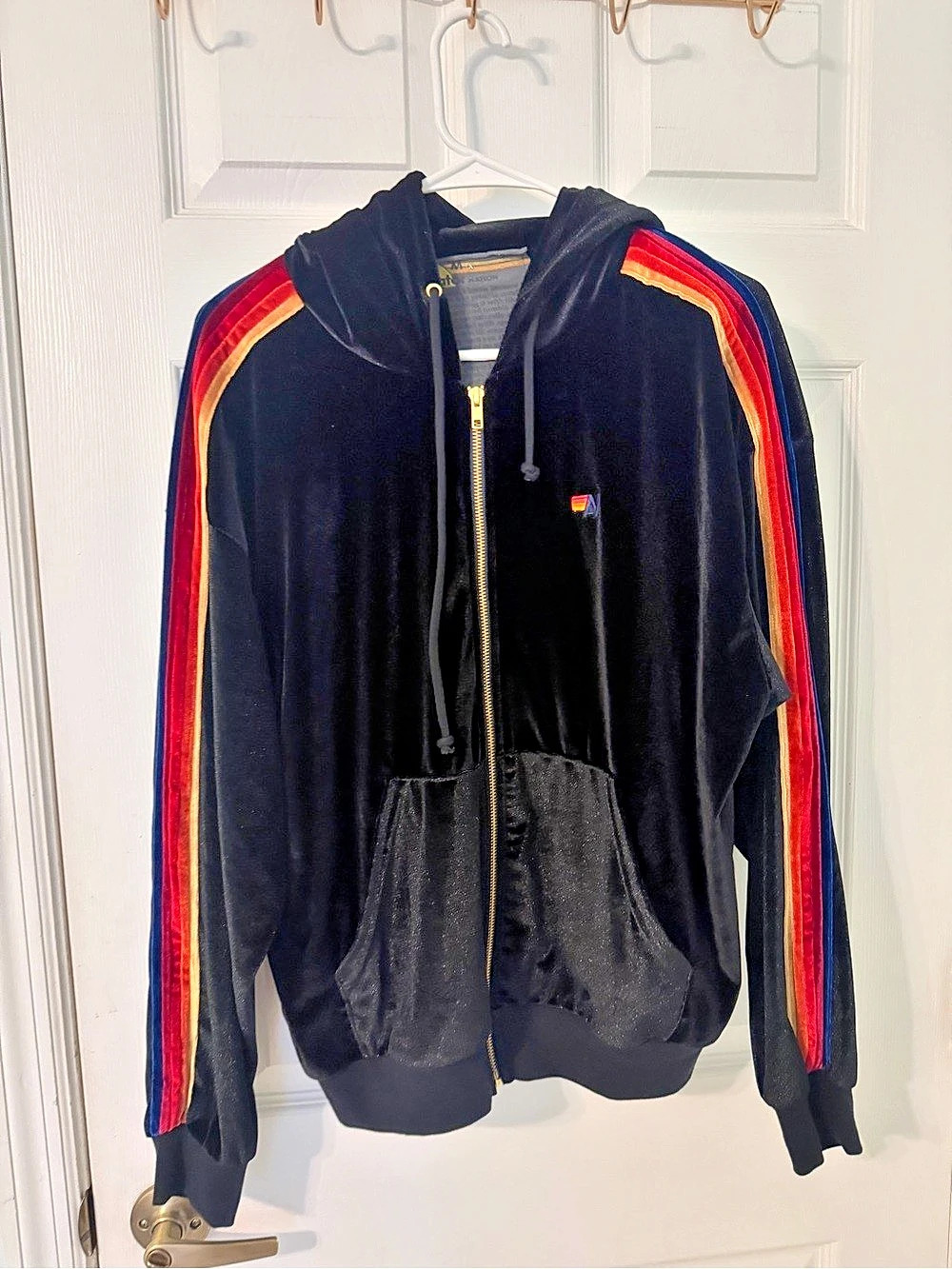 Aviator Nation M Black Velvet Velour Rainbow Stripe Zip Hoodie Jacket